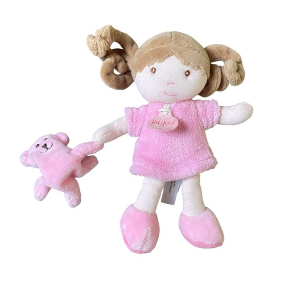 Jolijou Paris Plush Doll Brunette Pigtails Pink Dress Bear Stuffed‎ Animal Toy